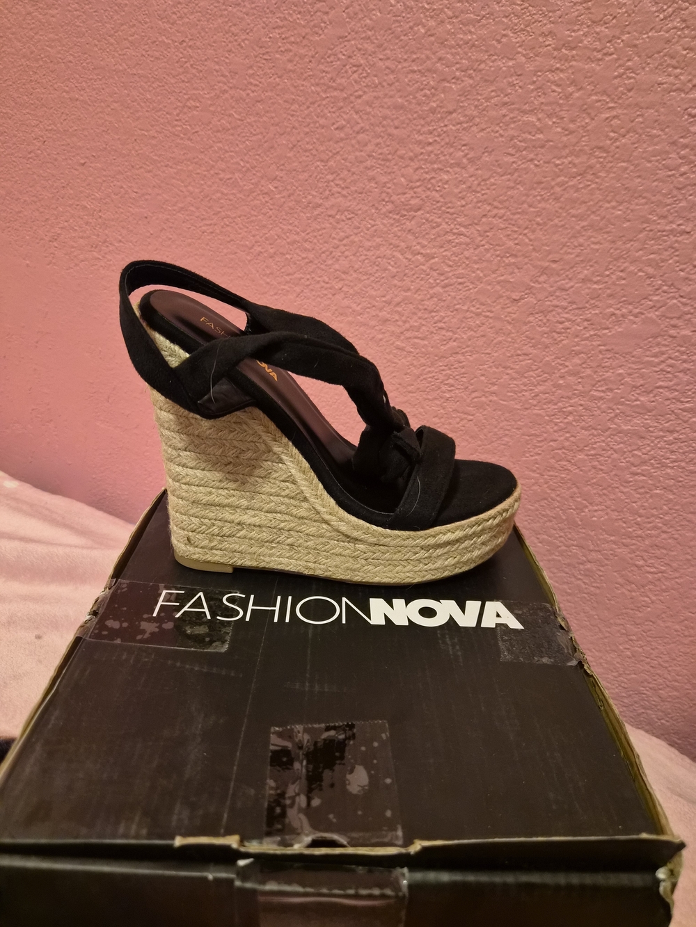 Fashion Nova Black Braided Espadrille Platform Wedge Sandals